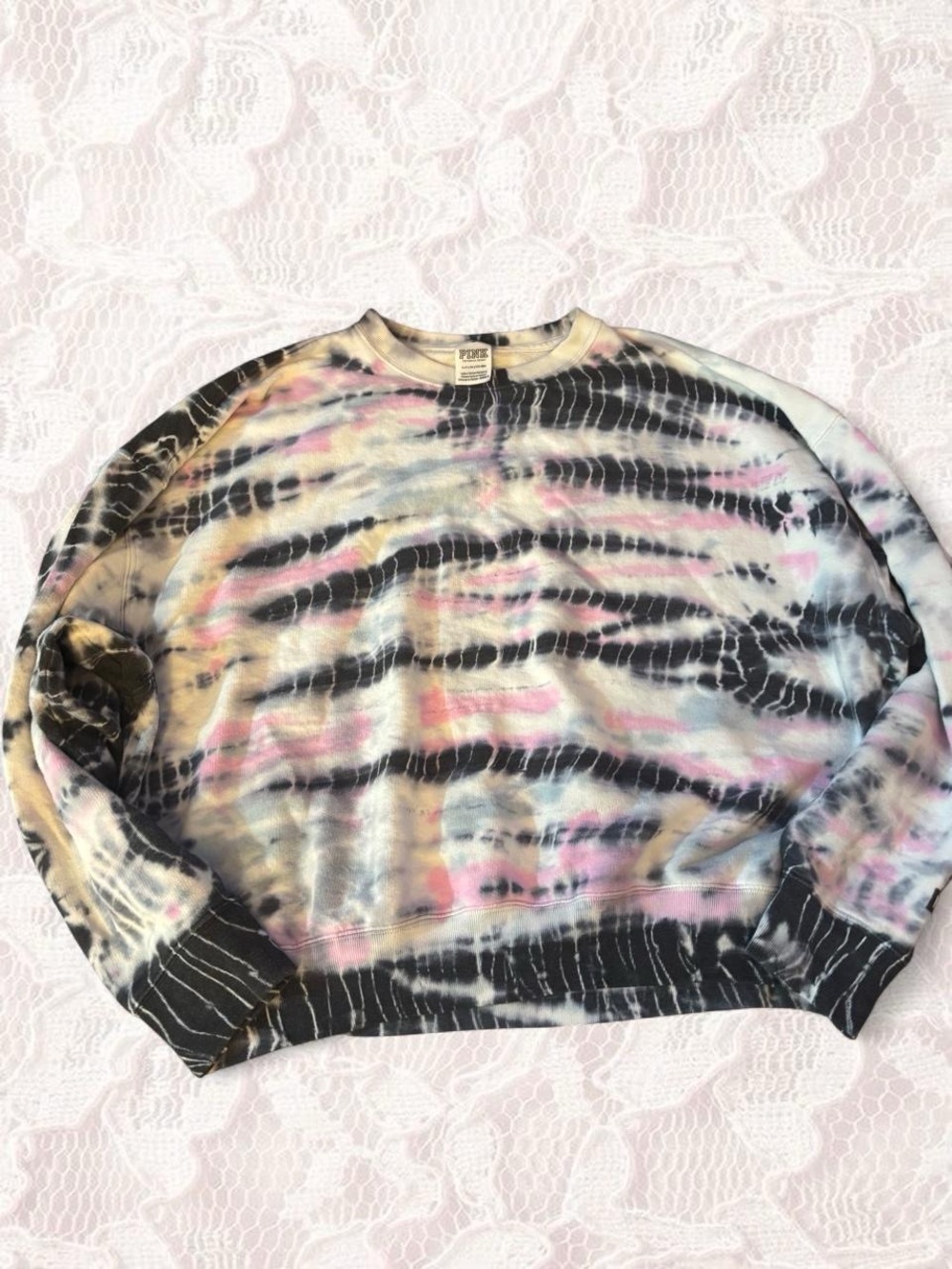 Victoria's Secret Tie-Dye Crewneck Sweatshirt in Black, Pink & Cream